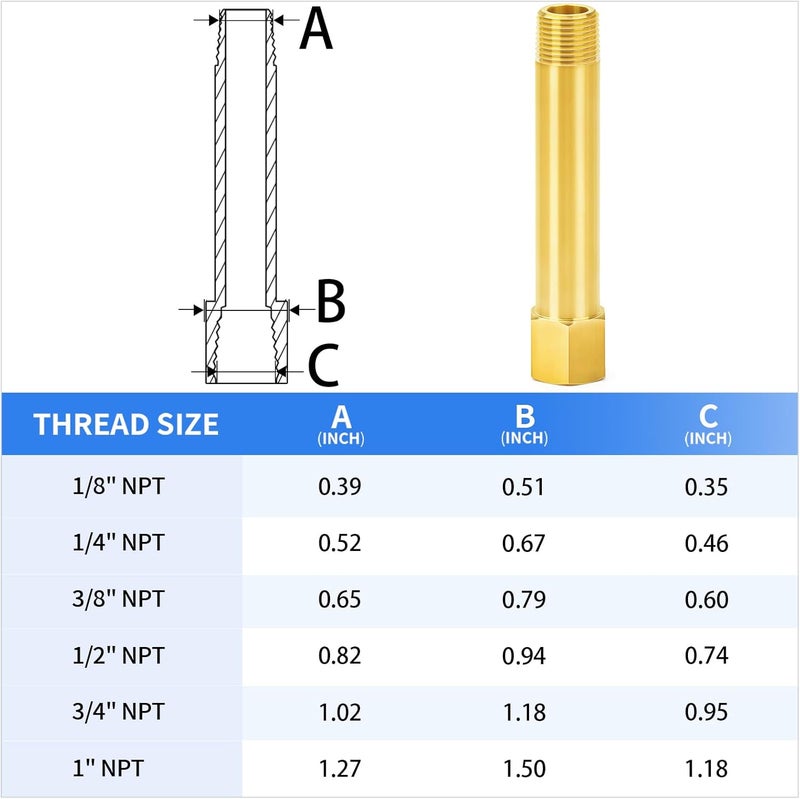 ChillWaves وصلات أنابيب نحاسية، أنبوب نيبيل طويل 1/8" NPT ذكر x 1/8" NPT أنثى خيط 4" طول (100 مم) (عبوة 2) - Image 2